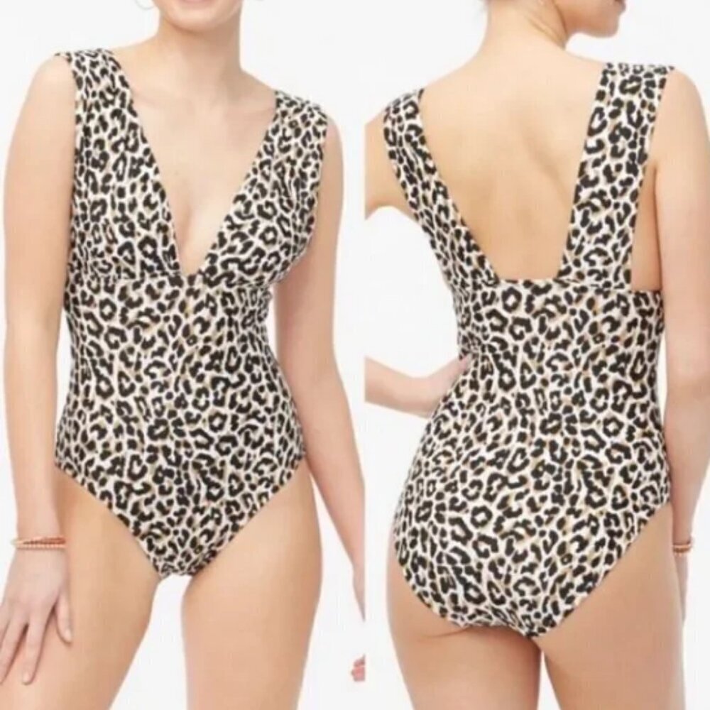 J. Crew Factory Plunge V Neck Cheetah Animal Print One Piece Swimsuit Size XL